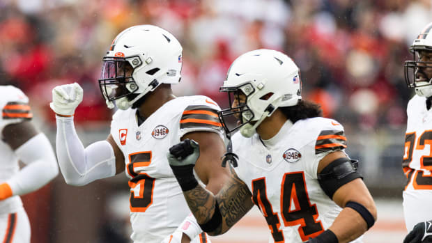 Oct 15, 2023; Cleveland, Ohio, USA; Cleveland Browns linebacker Anthony Walker Jr. (5) and linebacker Sione Takitaki (44) celebrate a missed field goal by the San Francisco 49ers during the first quarter at Cleveland Browns Stadium.